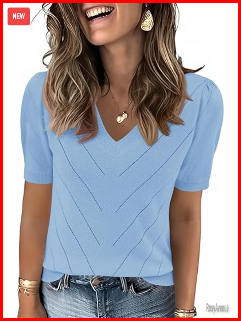 Puff Short Sleeve V-Neck Knit Sweater Lightweight Pullover Blouse Business